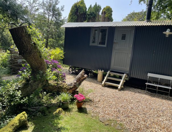 View of the front of the hut set in it's stunning private location