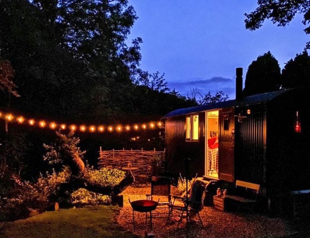 The Hut in the evening with the fairy lights on looking romantic